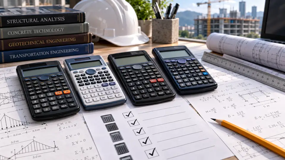 PRC-approved scientific calculators arranged with structural calculations, engineering plans, and exam preparation materials
