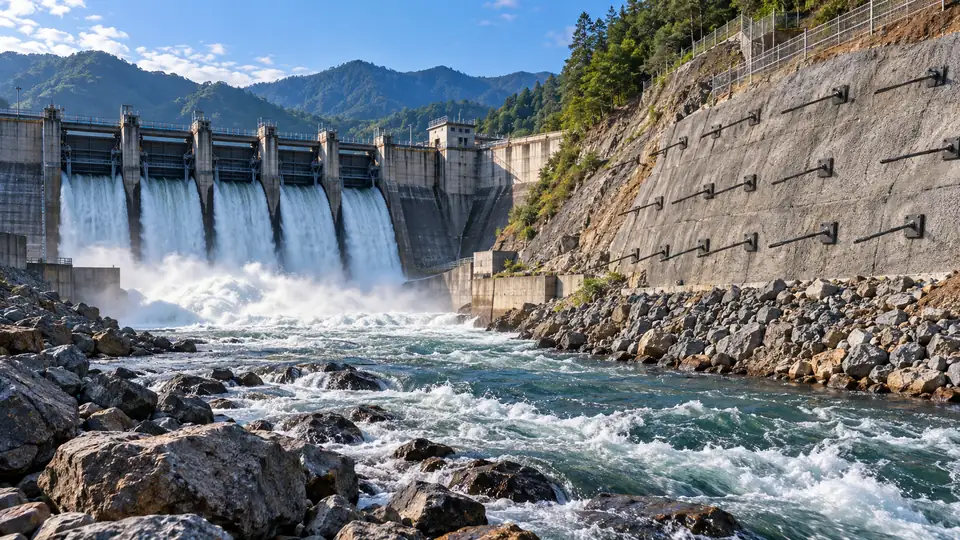Hydroelectric spillway beside an anchored rock slope representing hydraulics and geotechnical engineering