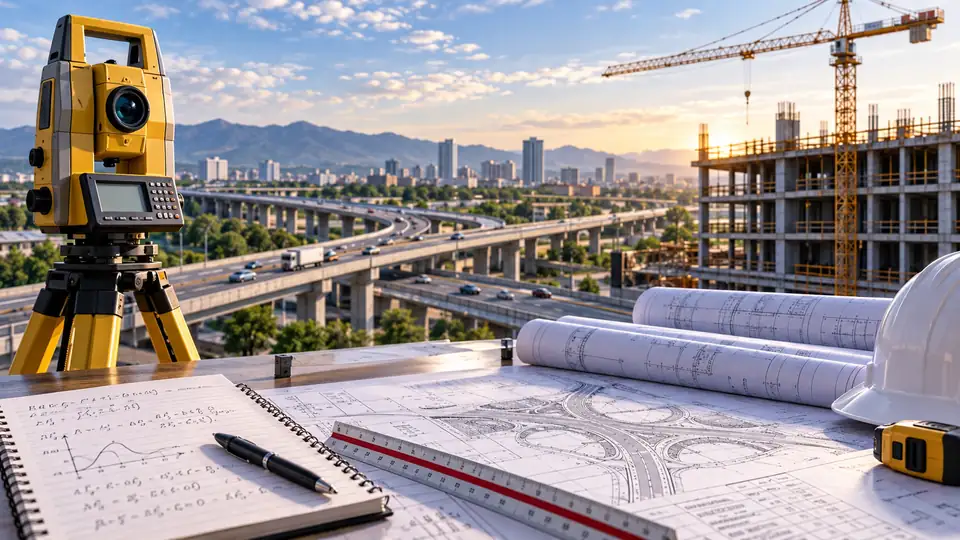 Surveying instrument, transportation infrastructure, construction site, and engineering plans representing MSTE competencies