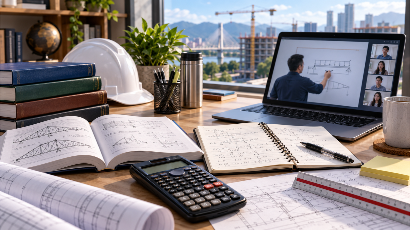 Hybrid civil engineering review workspace with online instruction, textbooks, calculator, structural notes, and engineering plans