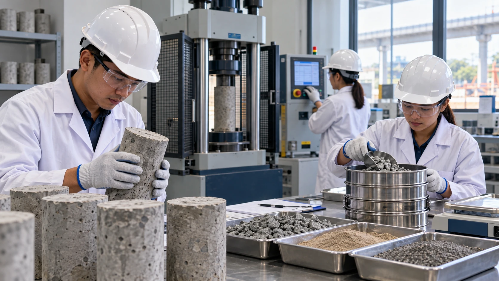 Materials engineers testing concrete and aggregates in a construction materials laboratory