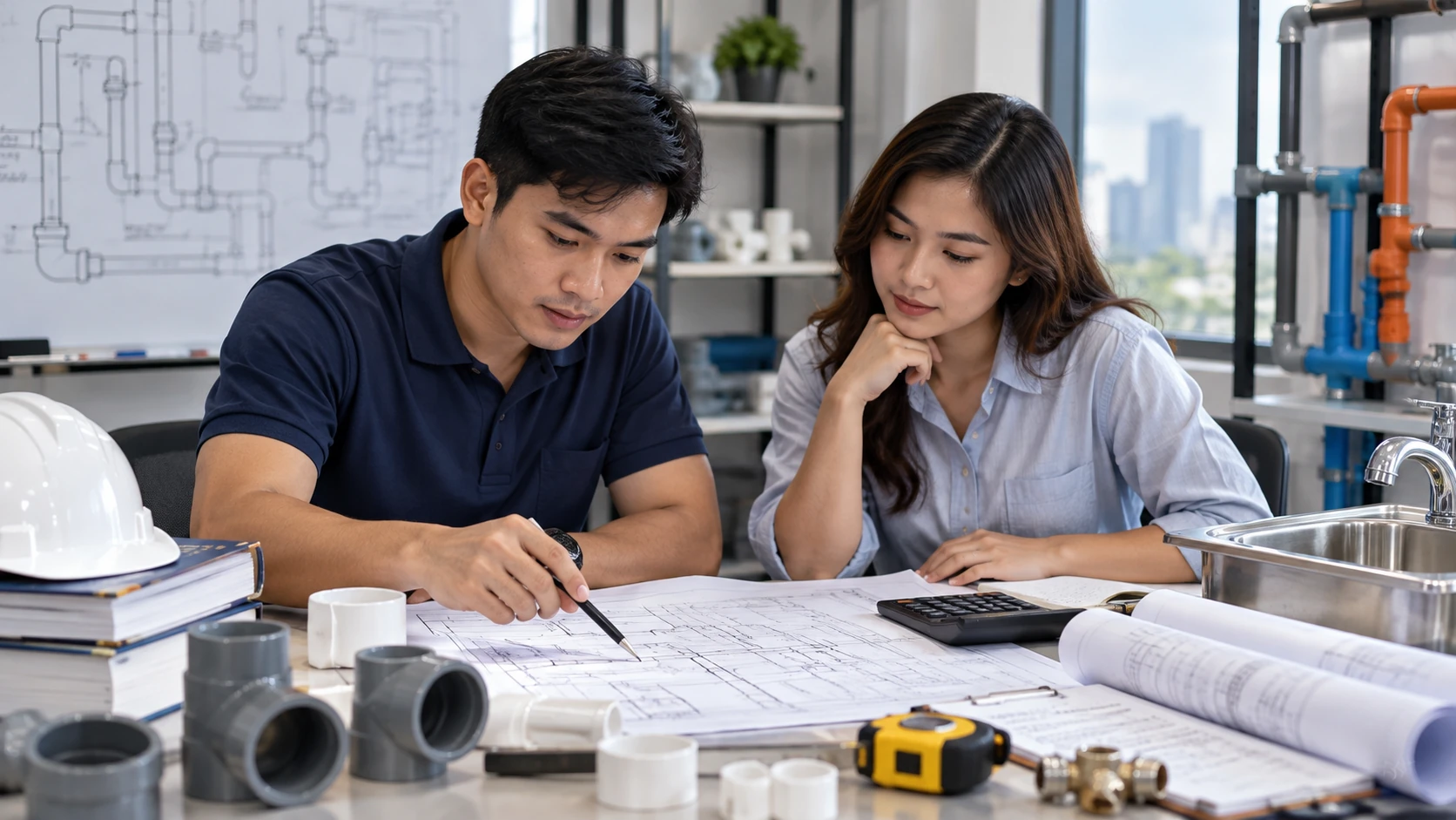 Civil engineering examinees reviewing plumbing plans, pipe fittings, and calculations