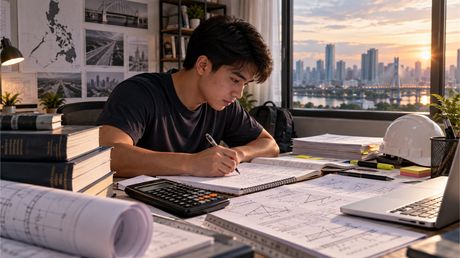 Civil engineering examinee reviewing structural problems with calculator, plans, study books, and a Philippine infrastructure reference wall