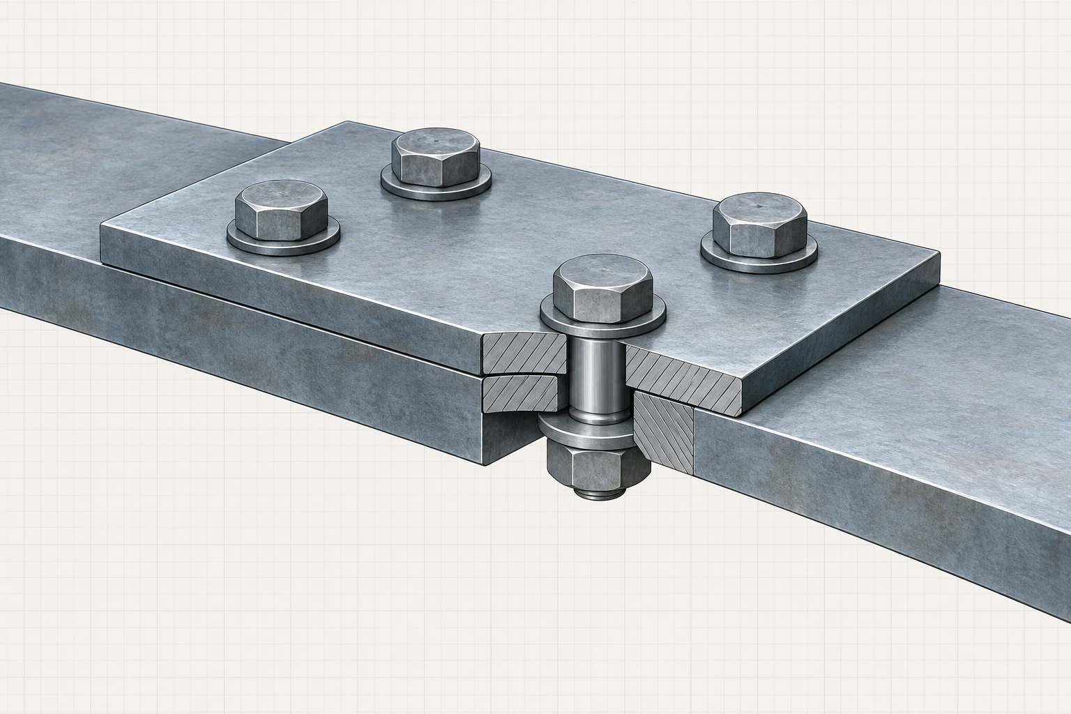 Connection Stress-Transfer Context Text-free cutaway of connected steel plates and bolts in a lap connection.