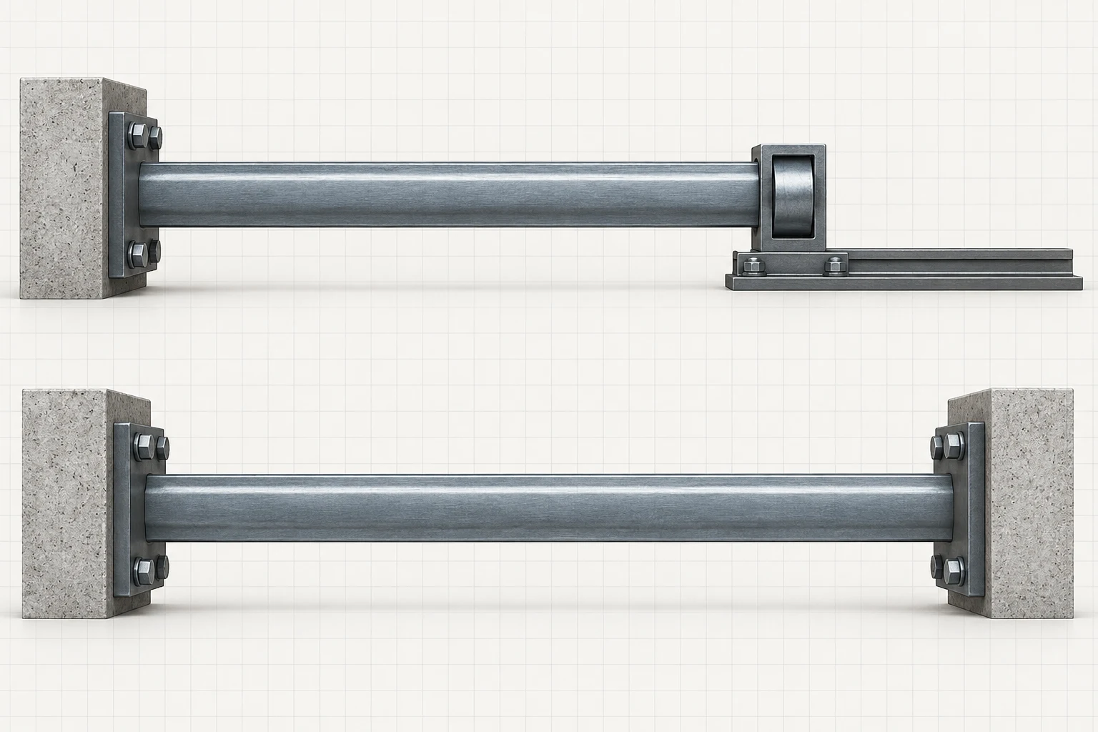 Free and Restrained Thermal Movement Two matching steel members show a guided free end above and rigid end restraints below.