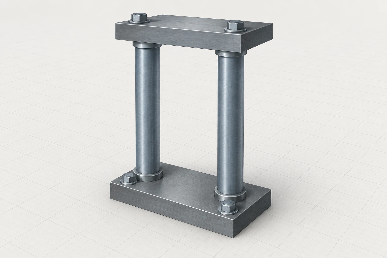 Two parallel steel members connect between common upper and lower end plates.