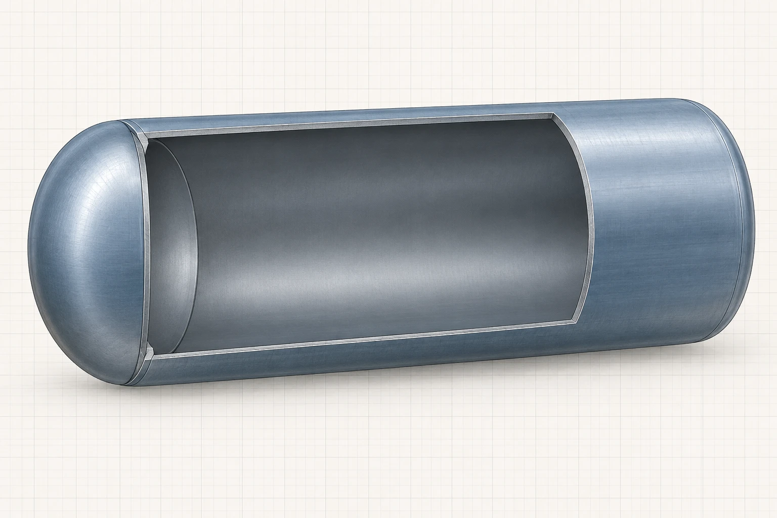 Cylindrical Shell and End Cap Text-free cutaway of a closed cylindrical vessel showing a thin shell and an intact end cap.