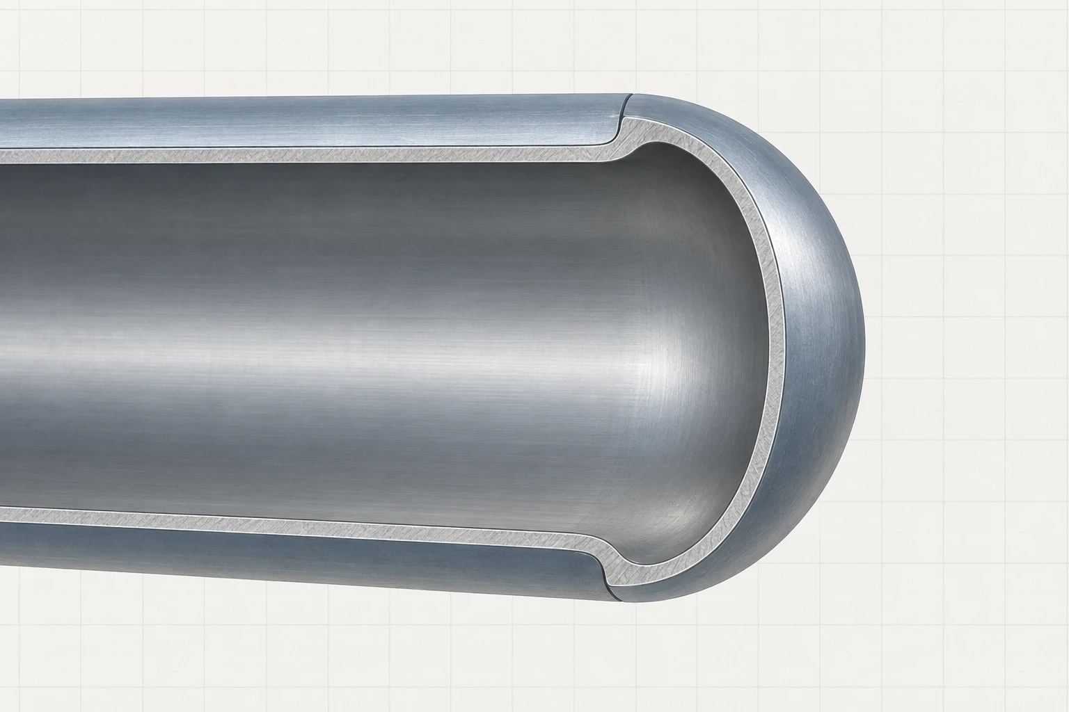 Closed End-Cap Junction Text-free longitudinal cutaway of a cylindrical shell flowing continuously into a rounded end cap.