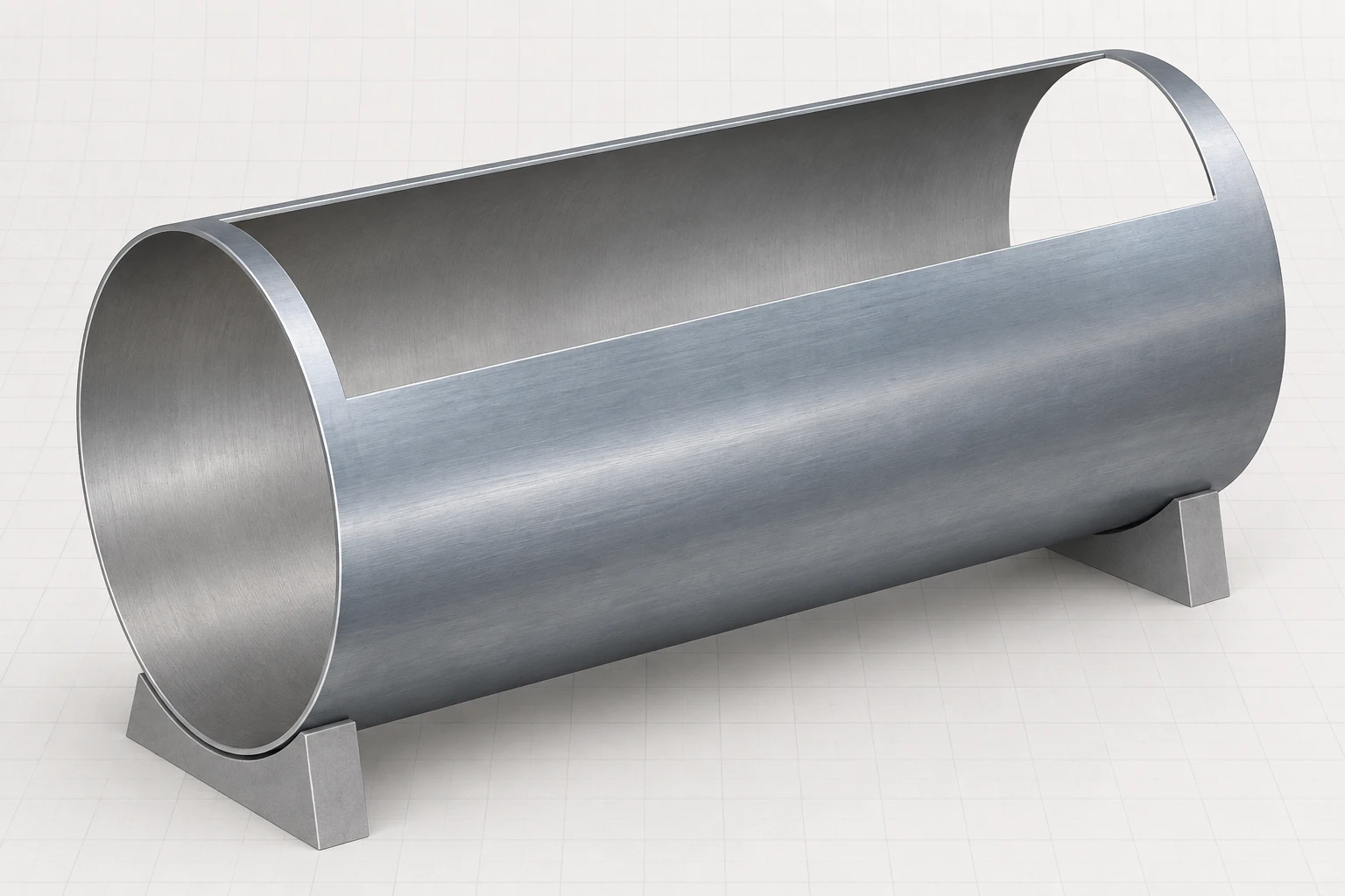 Formed Thin Shell in Context Text-free formed cylindrical shell on simple supports with a clean cutaway exposing its curved wall.