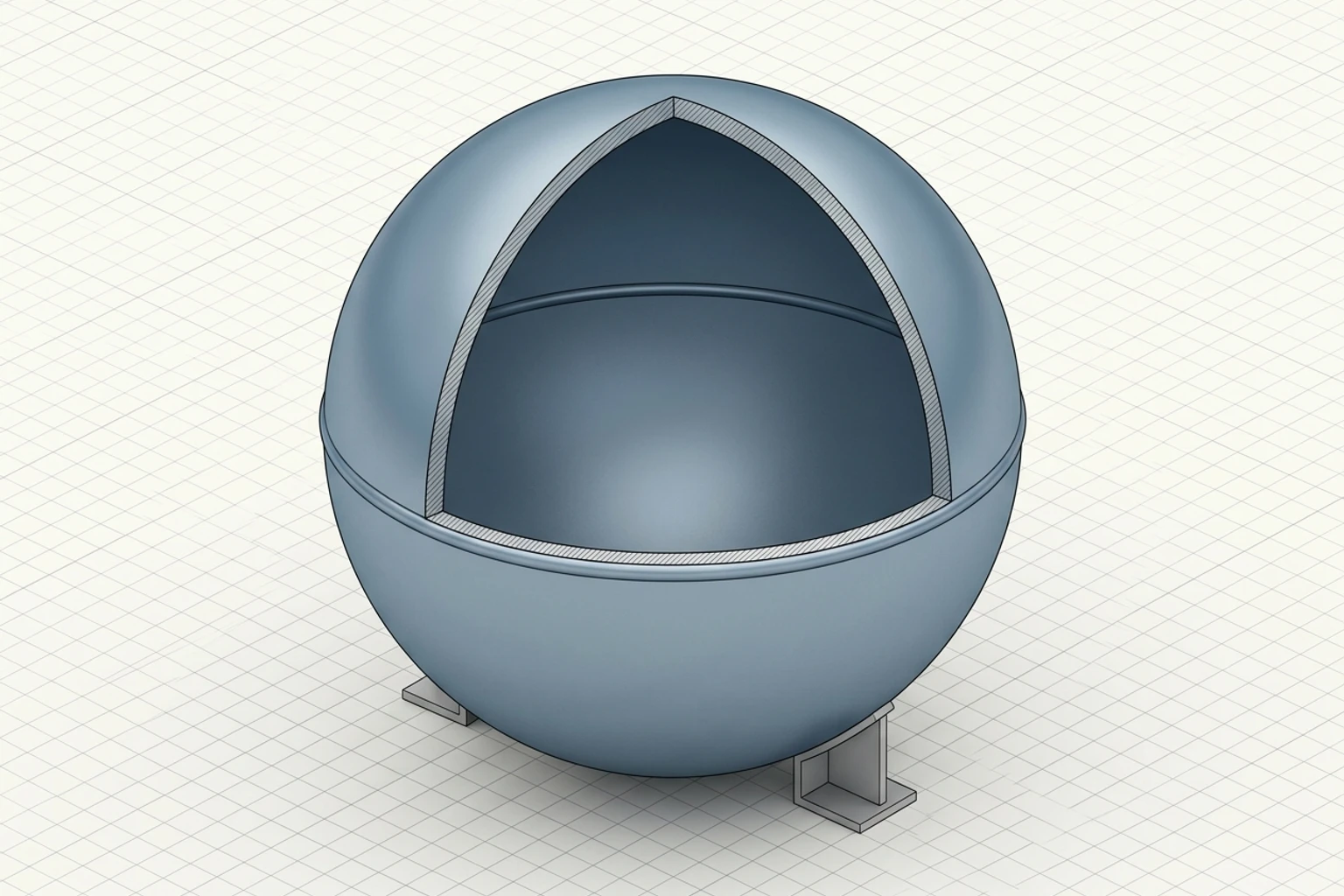 Closed Spherical Vessel Text-free cutaway of a closed spherical metallic shell with a continuous curved wall.