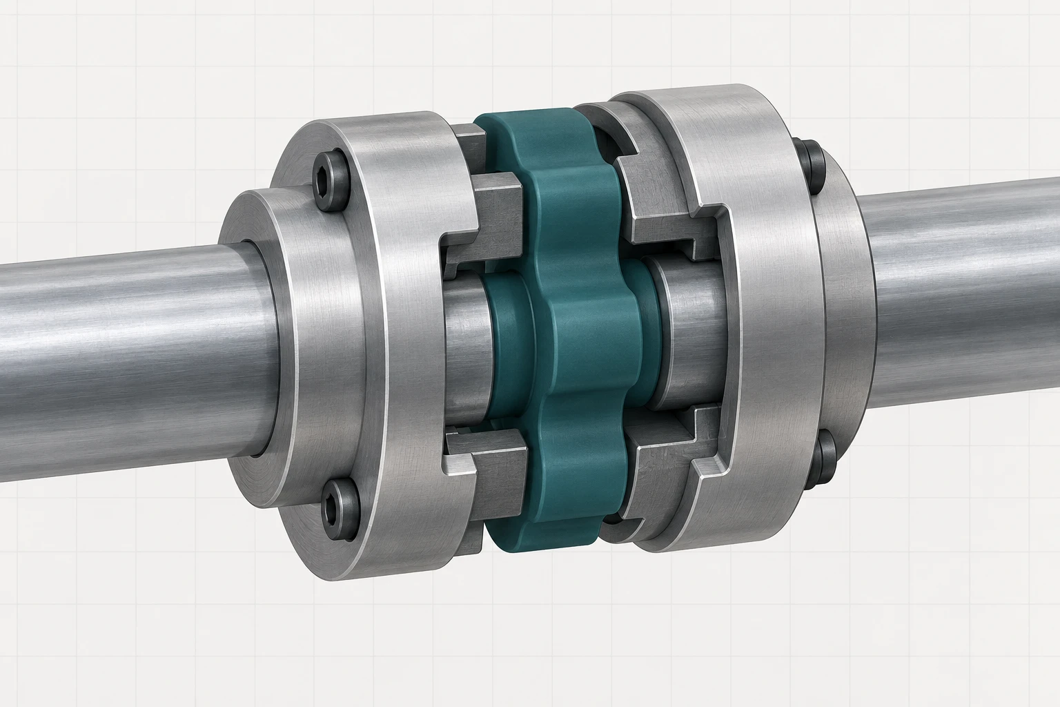 Compatible Shaft Coupling Text-free close-up of two coaxial shaft ends seated in a flexible coupling with exposed hubs.