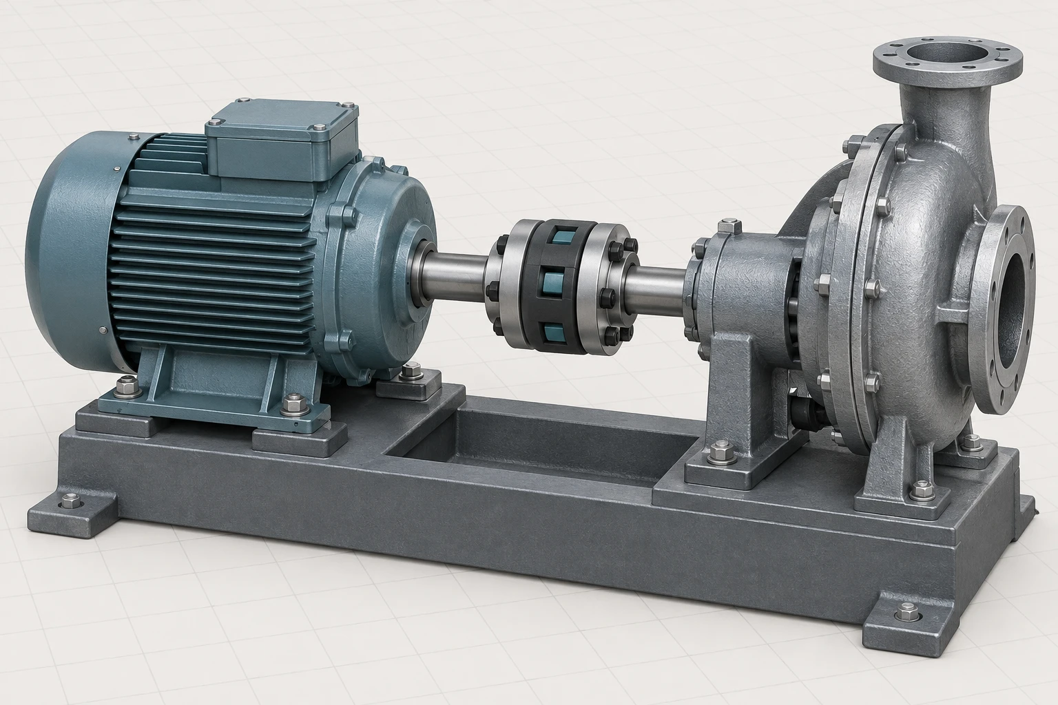 Driver–Shaft–Driven Machine Text-free compact drive showing an electric motor, coaxial shaft, flexible coupling, and driven pump housing on a common base.