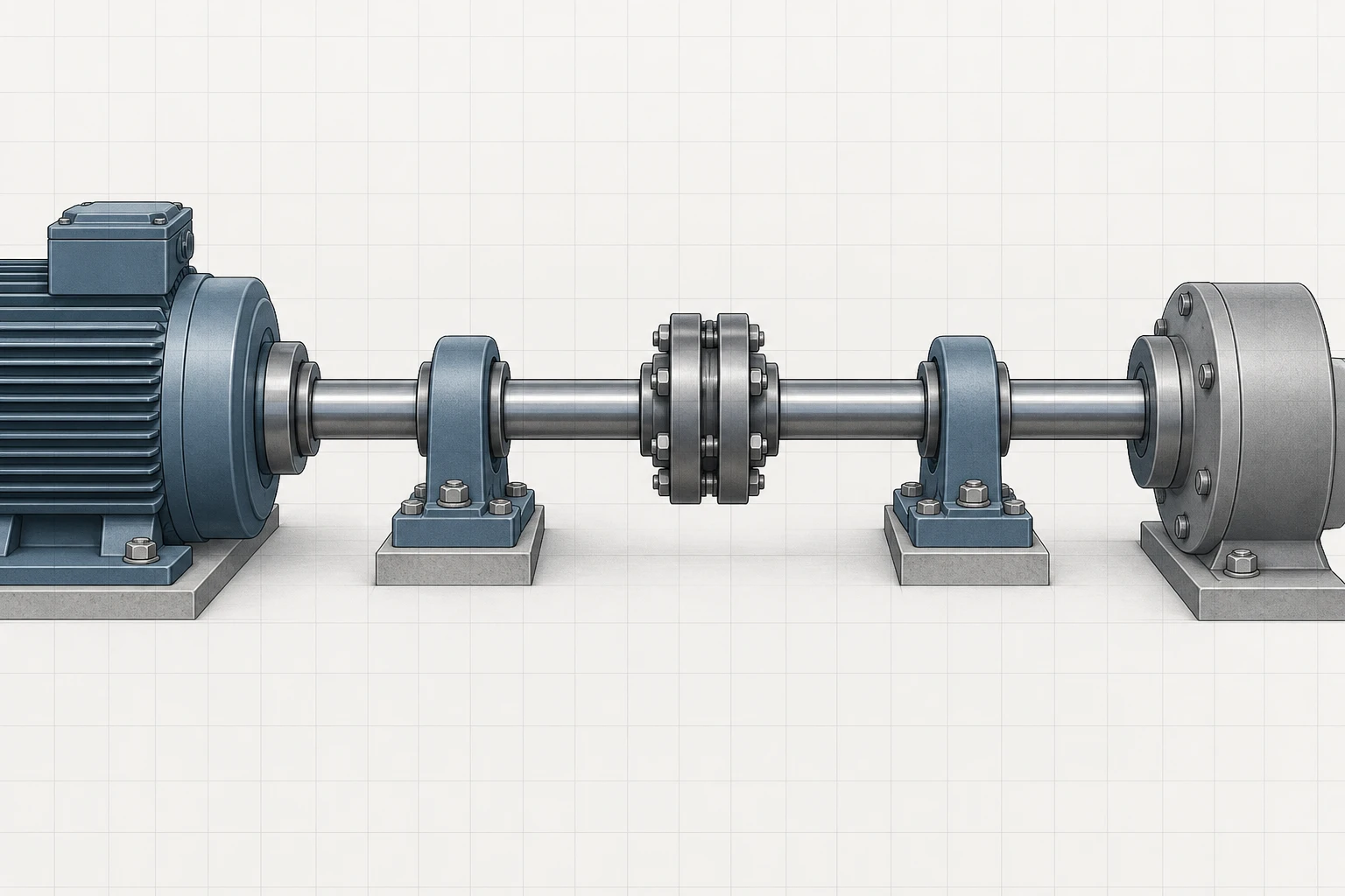 Shaft-Line Torque Context Idle shaft line with a circular shaft, bearing supports, flanged coupling, motor housing, and load hub.