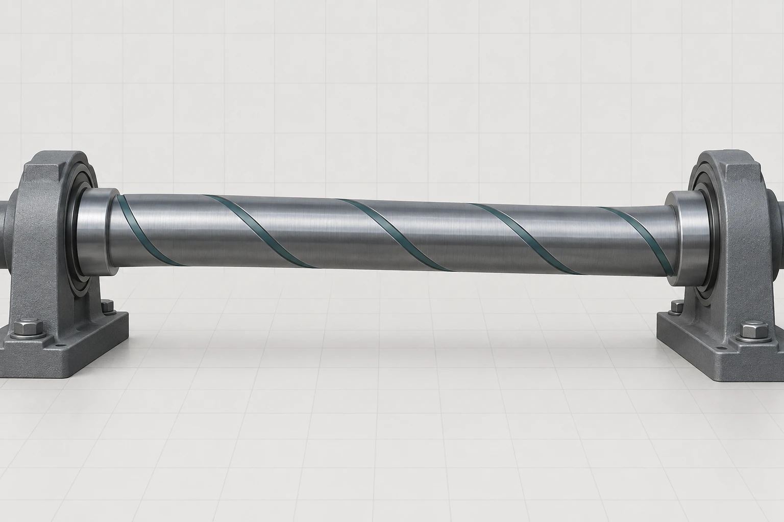 Qualitative Shaft Twist Text-free intact circular shaft between bearing supports with a restrained helical surface cue.