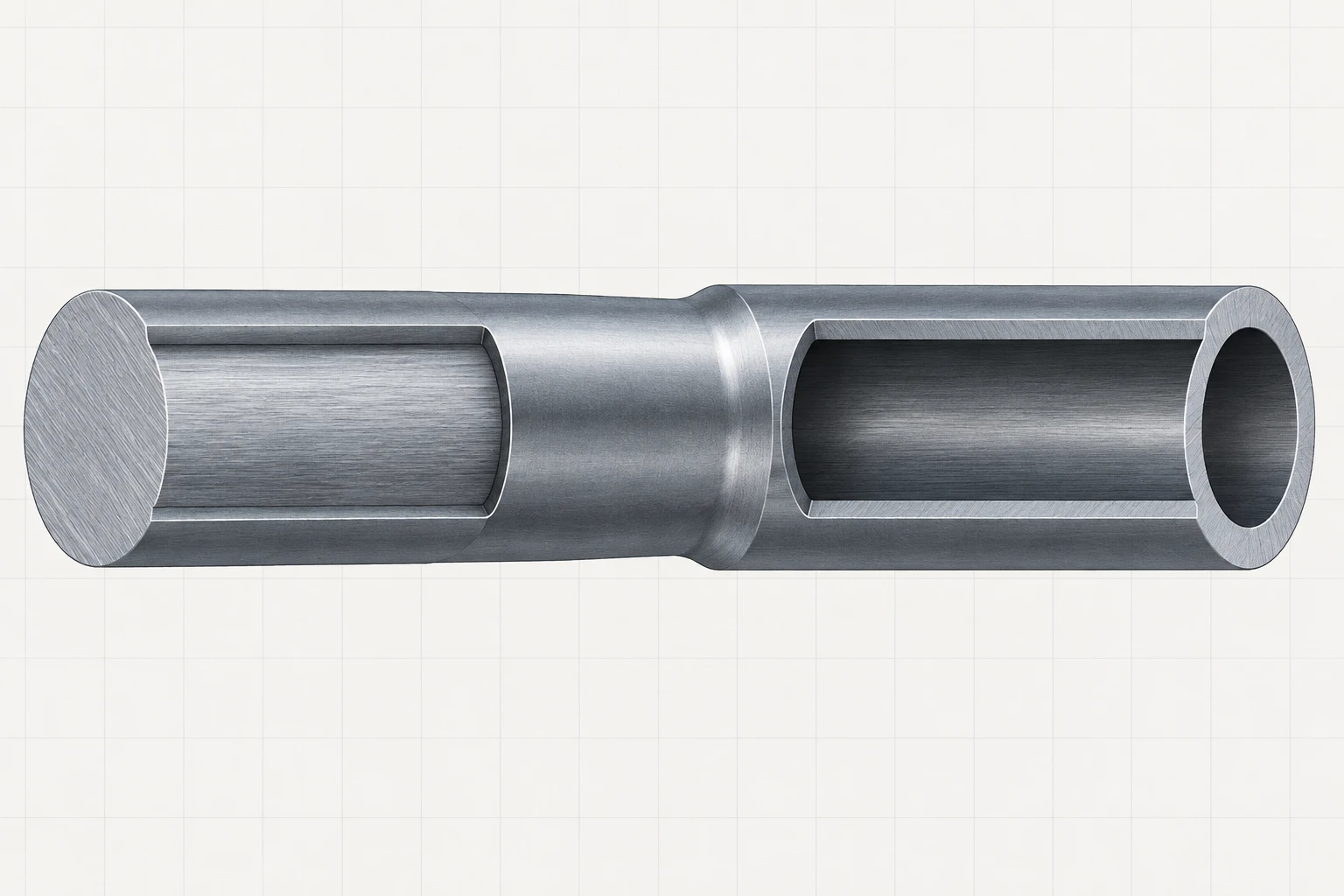 Solid and Hollow Shaft Sections Text-free connected shaft assembly showing a solid circular section beside a hollow tubular section.