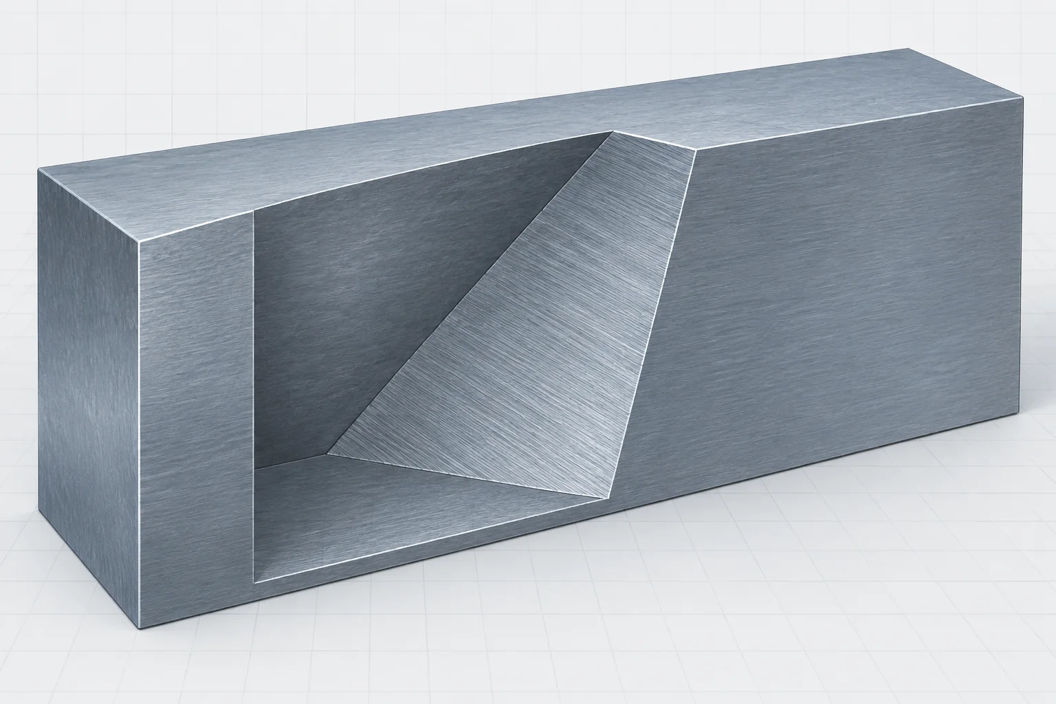 Alternate Material-Plane Context Text-free cool blue-gray steel specimen with a clean oblique section cut through a connected rectangular body.