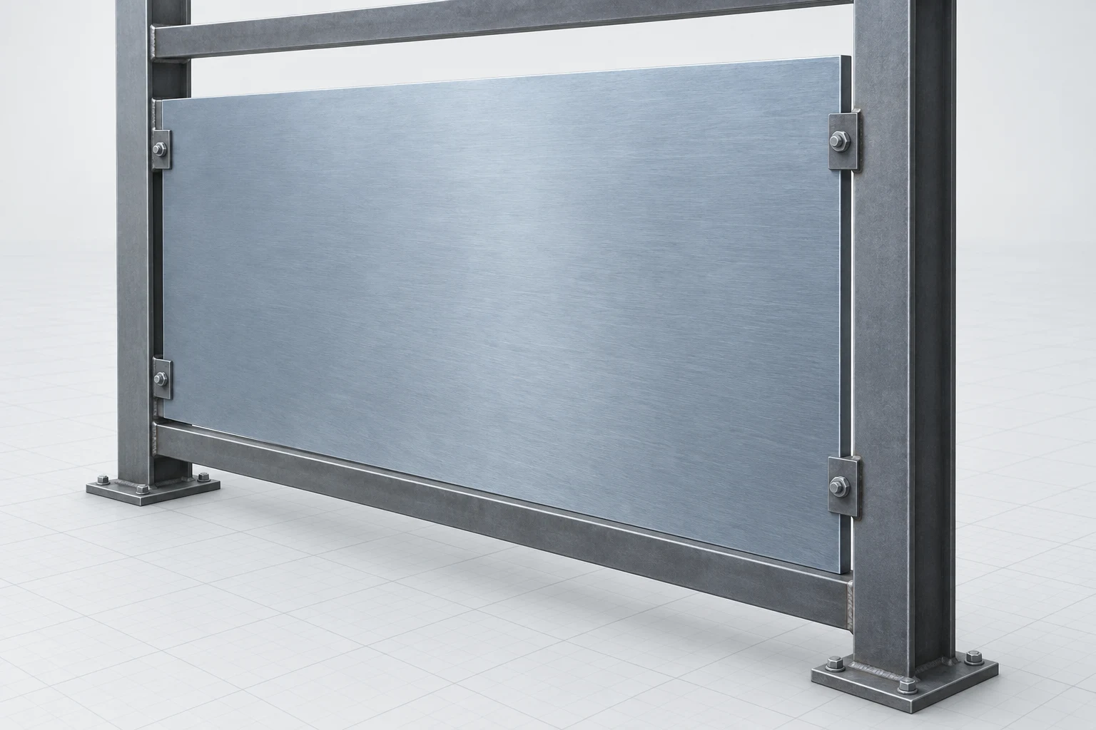 Thin Plate Plane Context Thin steel plate connected to an orthogonal frame, with its broad material plane clearly visible.