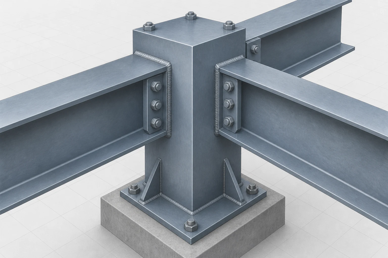 Three-Dimensional Stress-State Context Thick steel block integrated into orthogonal structural plates with visible depth on multiple faces.