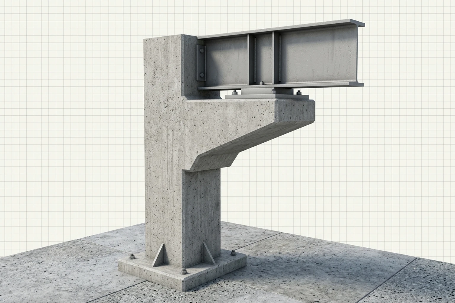 Offset Column Cap and Eccentricity A concrete column with an offset corbel cap bracket supporting a steel beam on an eccentric bearing seat.