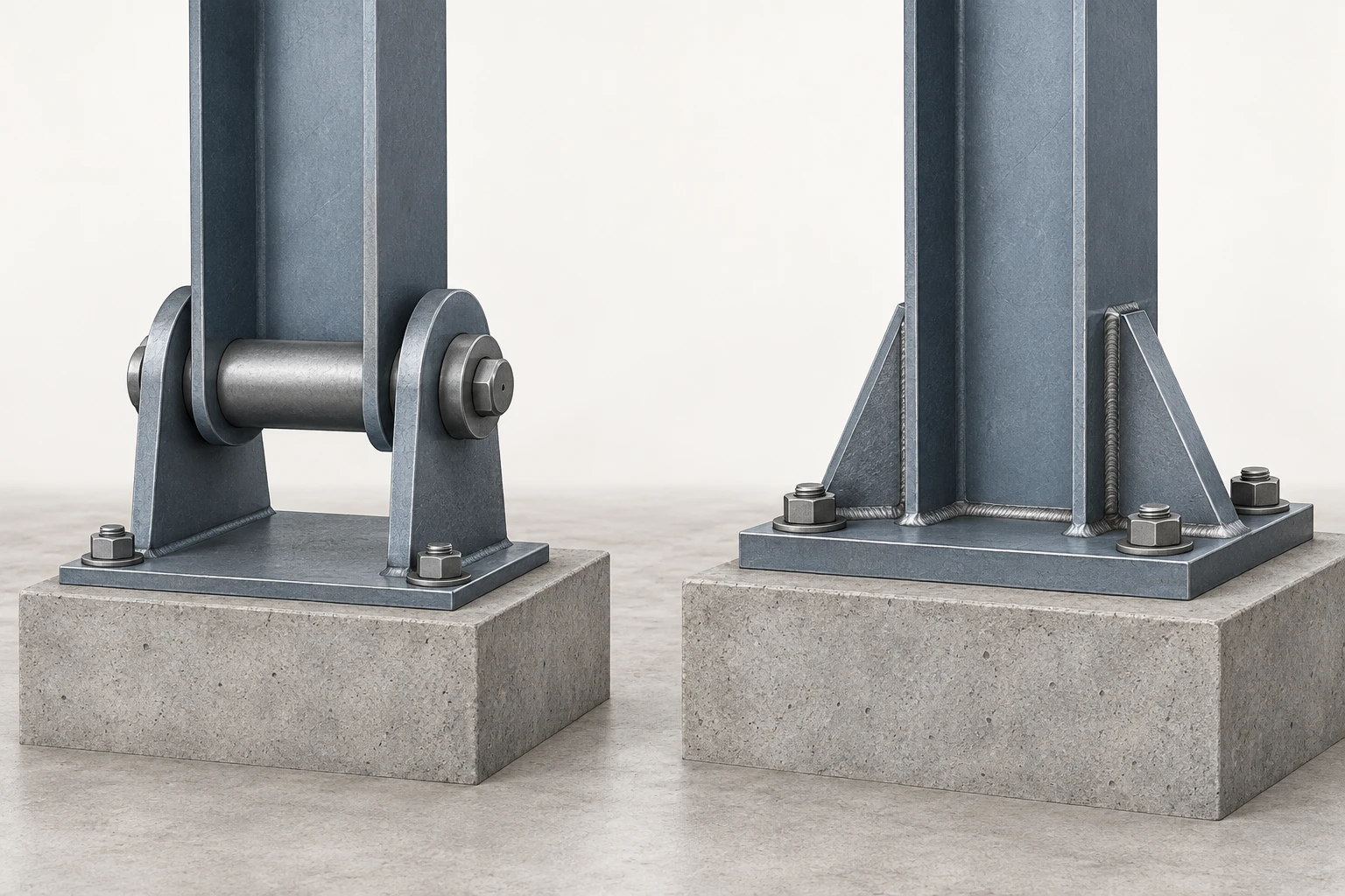 Two connected steel column ends compare a rounded pin assembly with a rigid base-plate assembly.