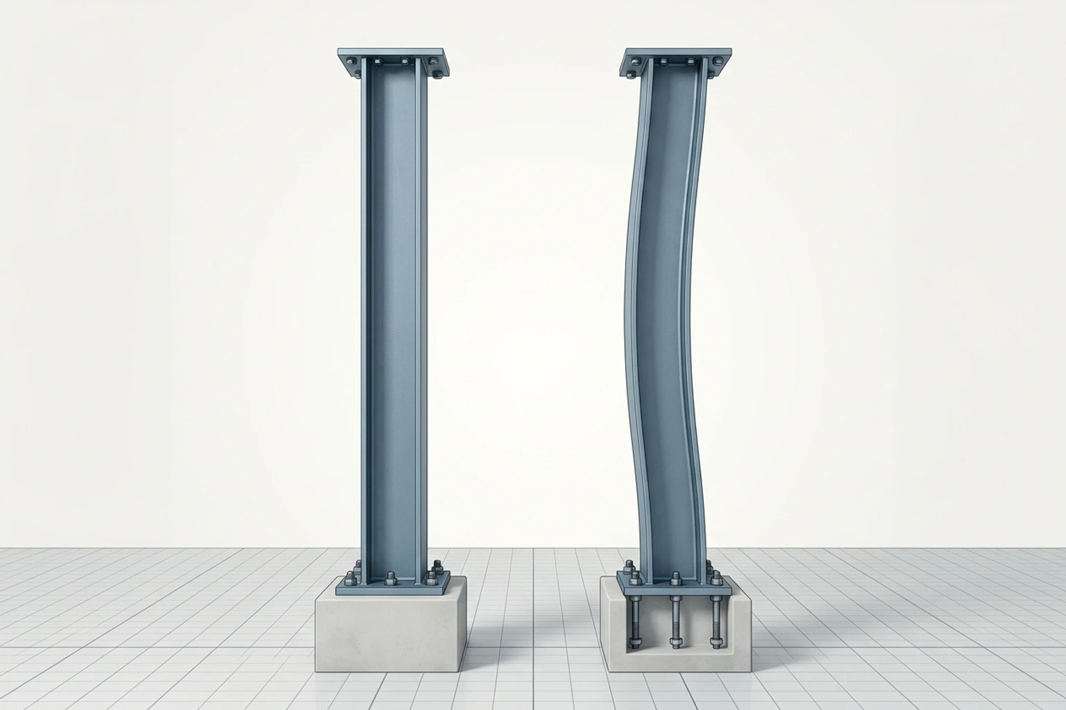 Side-by-side comparison of an ideal plumb straight steel wide-flange column and an identical column with an initial out-of-straightness sweep imperfection.