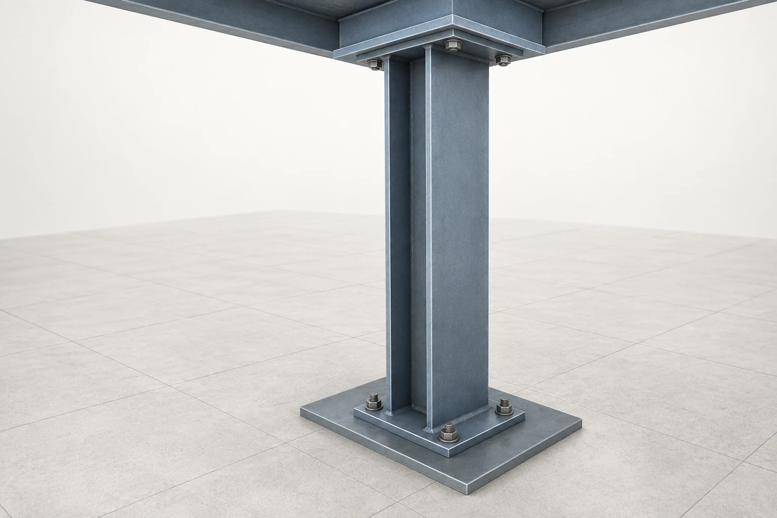 An intact steel wide-flange column connects a base plate to overhead framing with its flange-and-web orientation visible.