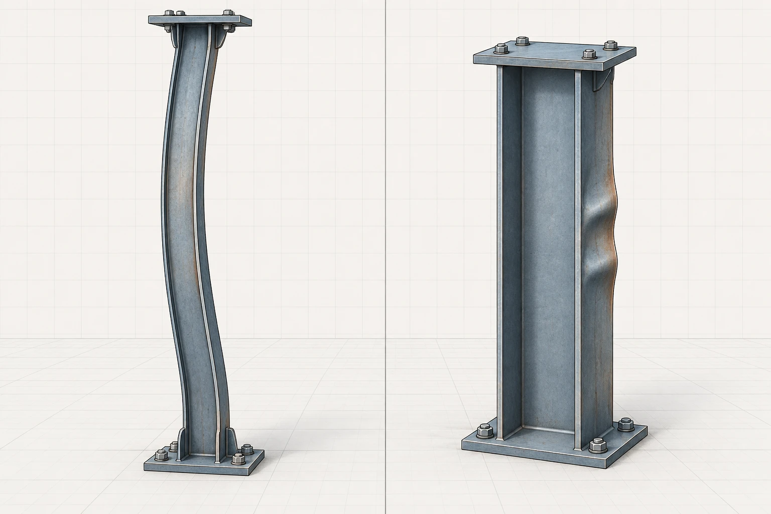 Side-by-side text-free comparison of a whole column bowing and a thin section plate wrinkling locally.