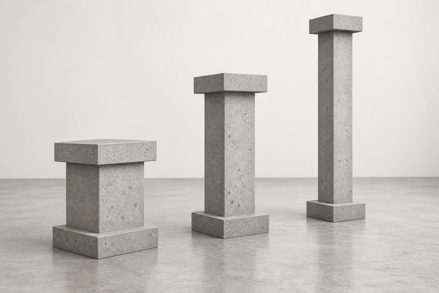 Three intact concrete column specimens show squat, medium, and slender proportions on connected base blocks.