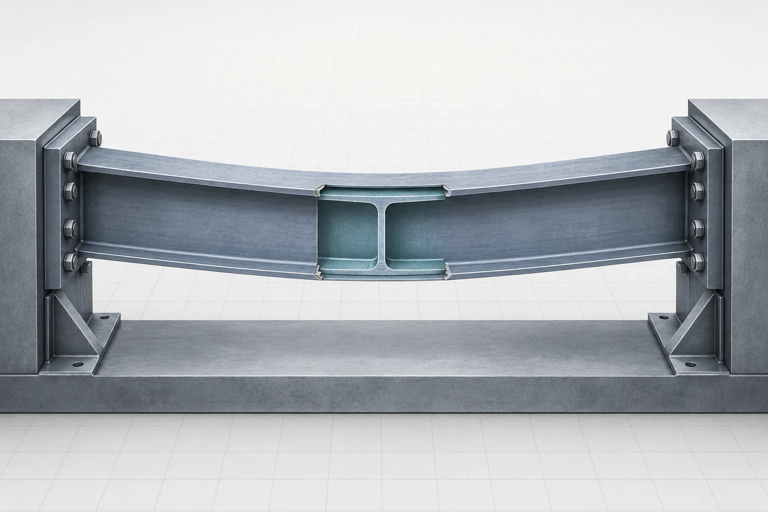 Bending Energy in a Member Continuous steel I-section member with intact end plates, a shallow elastic bow, and a midspan section reveal.
