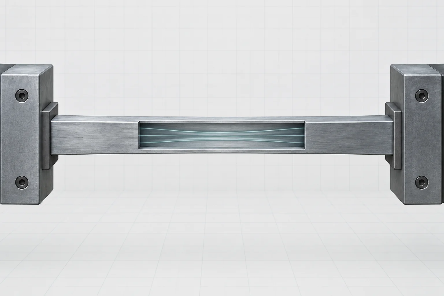 Elastic Energy in a Member Text-free cool blue-gray prismatic steel bar held between intact grips with a shallow cutaway through its middle.