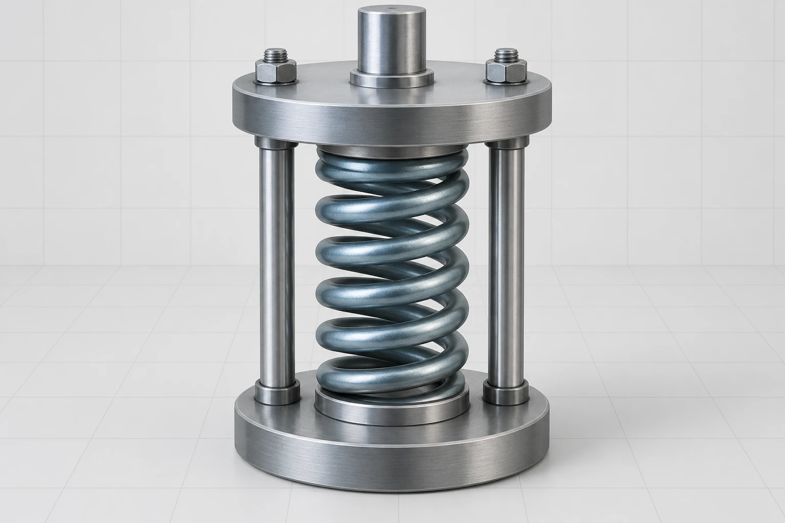 A Spring as an Elastic Energy Store Connected steel compression spring seated between aligned end plates in a restrained fixture.