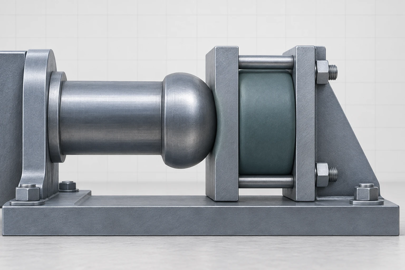 An Elastic Buffer at an Impact Interface Static steel striker seated against a thick elastic buffer pad held in an anchored frame.