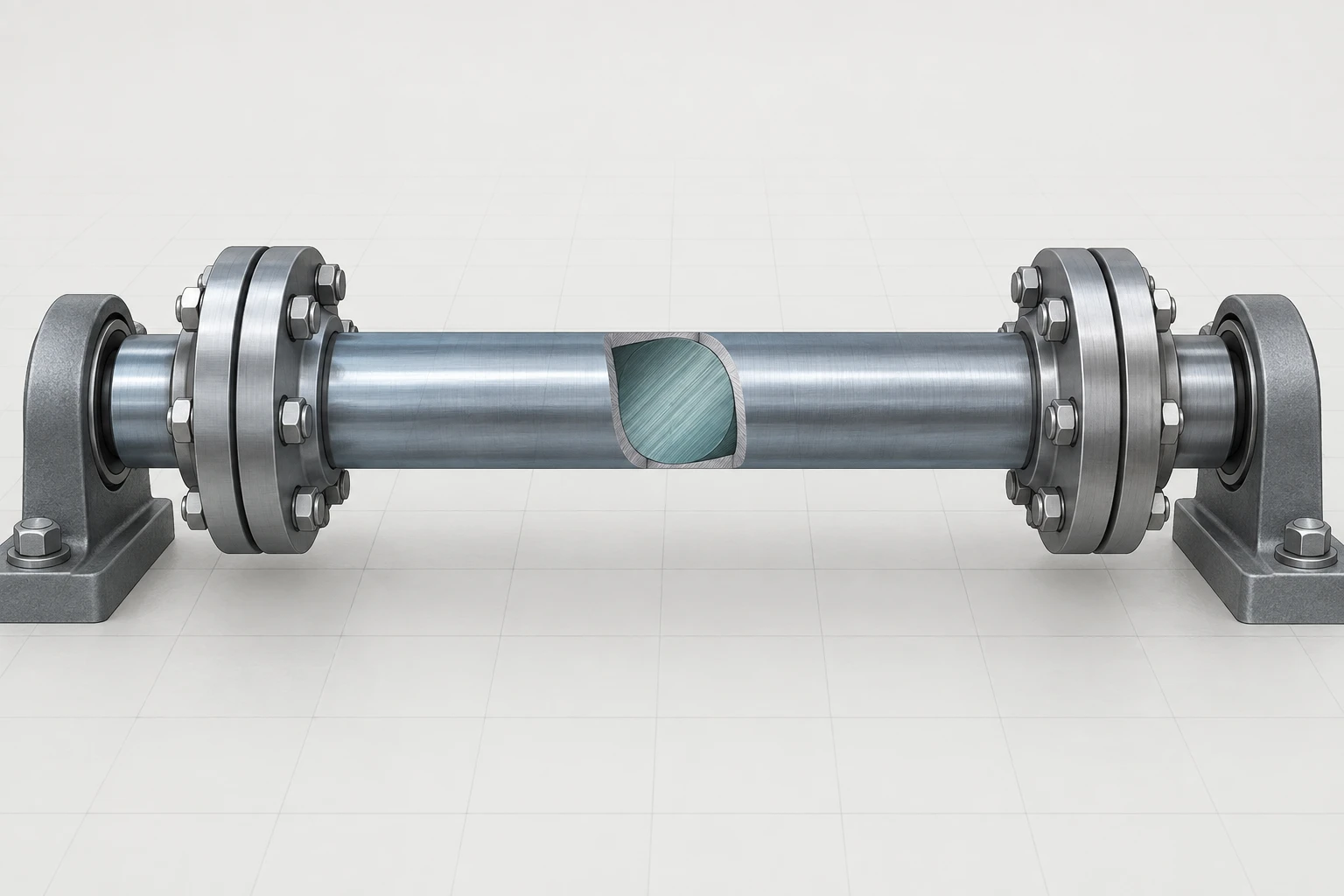 Torsional Energy in a Shaft Straight circular steel shaft between aligned flanged couplings with a central section reveal.