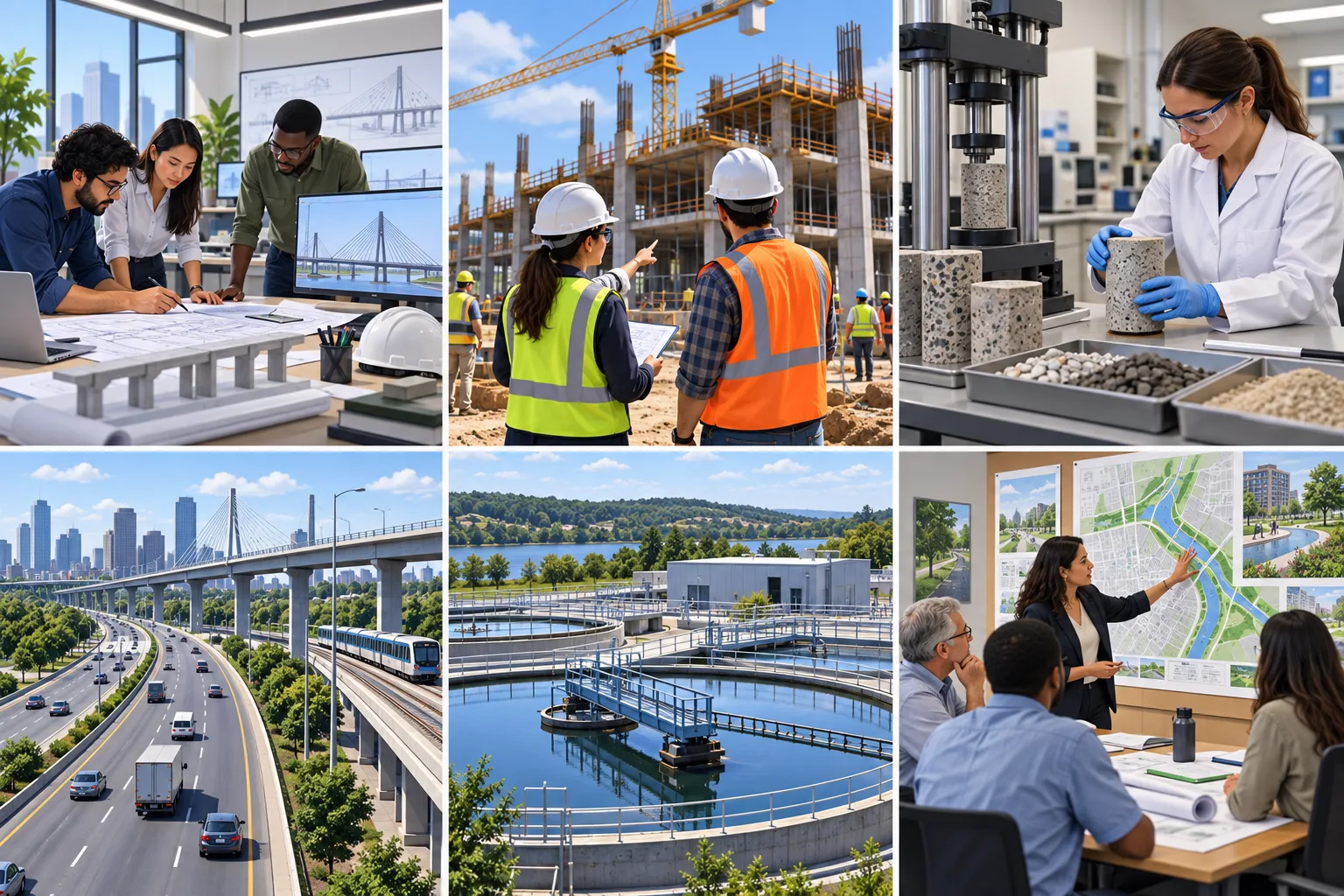 Civil engineers working across consultancy, government, construction, owner-operator, research, and regulatory settings around infrastructure plans and site activities.
