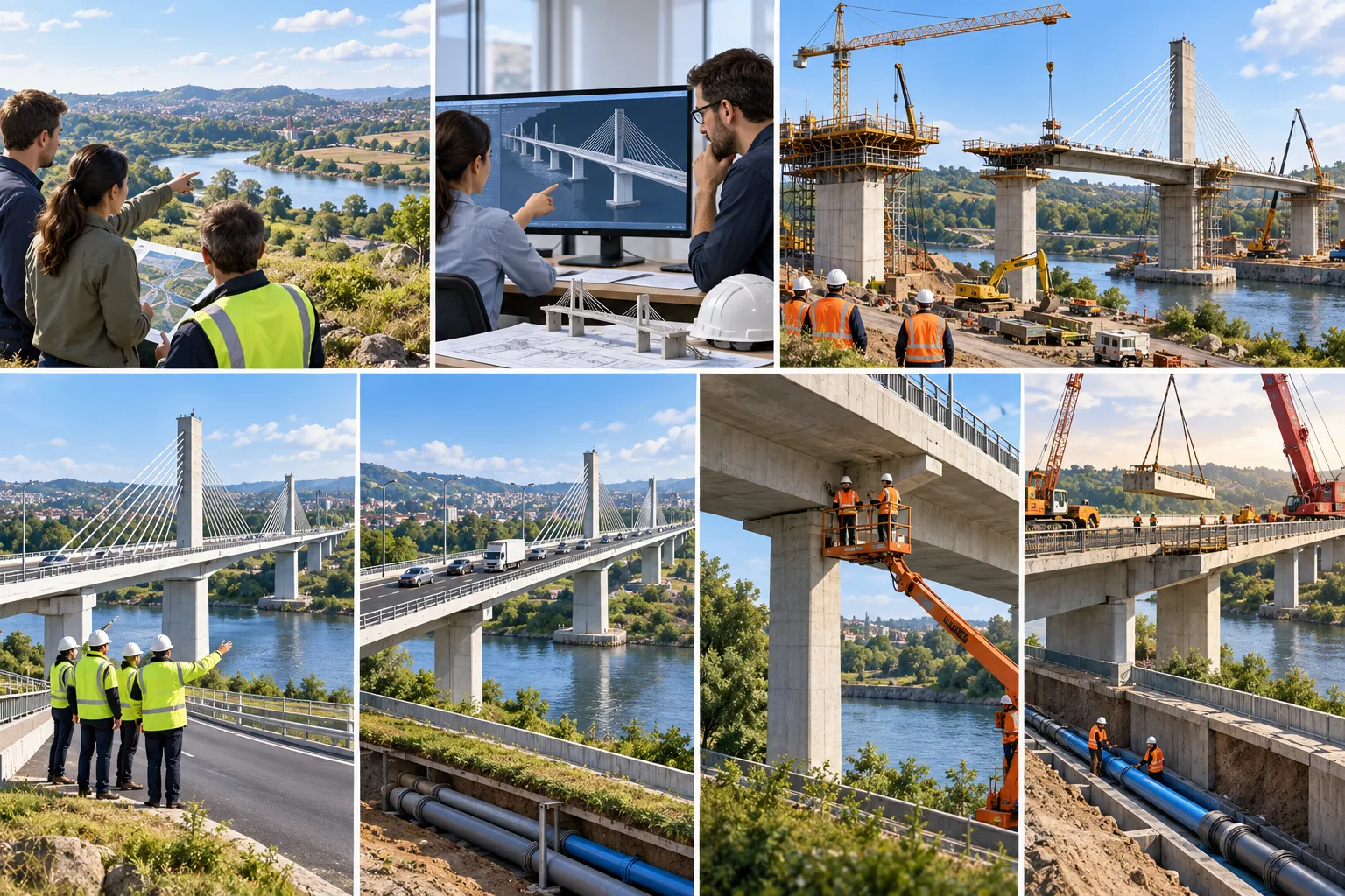 Infrastructure workflow progressing from needs and site investigation through analysis, design, permitting, procurement, construction, commissioning, and handover.