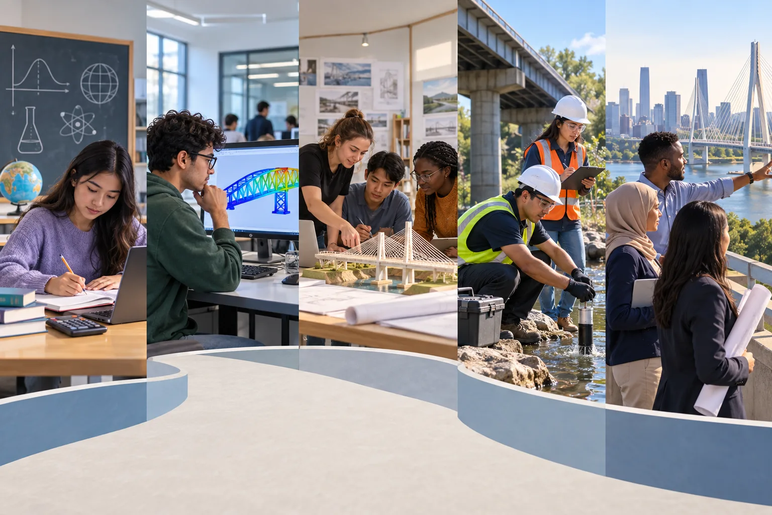 Civil engineering learning pathway connecting mathematics and natural science to mechanics, computation, materials, surveying, fluids, earth systems, design, construction, research, and professional practice.
