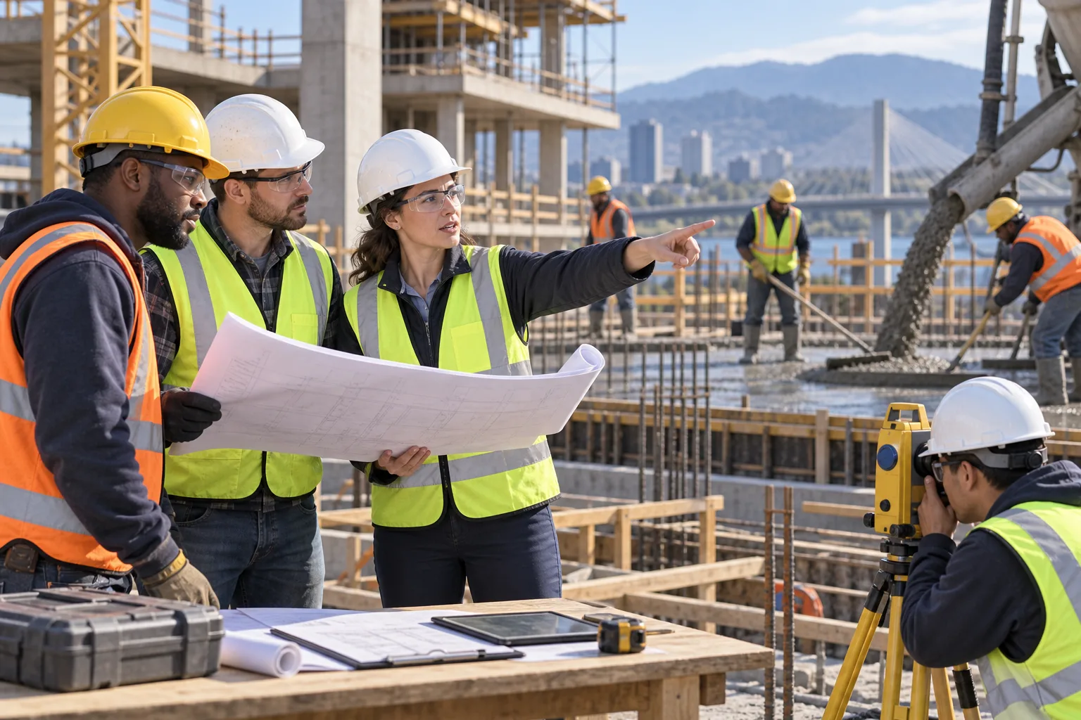 Civil engineer coordinating field crews, drawings, safety controls, materials, and construction sequence on an active site.