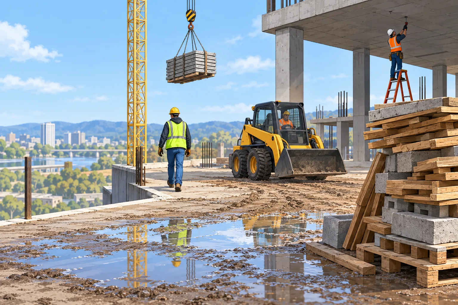 Active construction site illustration identifying fall, excavation collapse, struck-by, electrical, dust, confined-space, and hot-work hazard areas with workers and equipment.