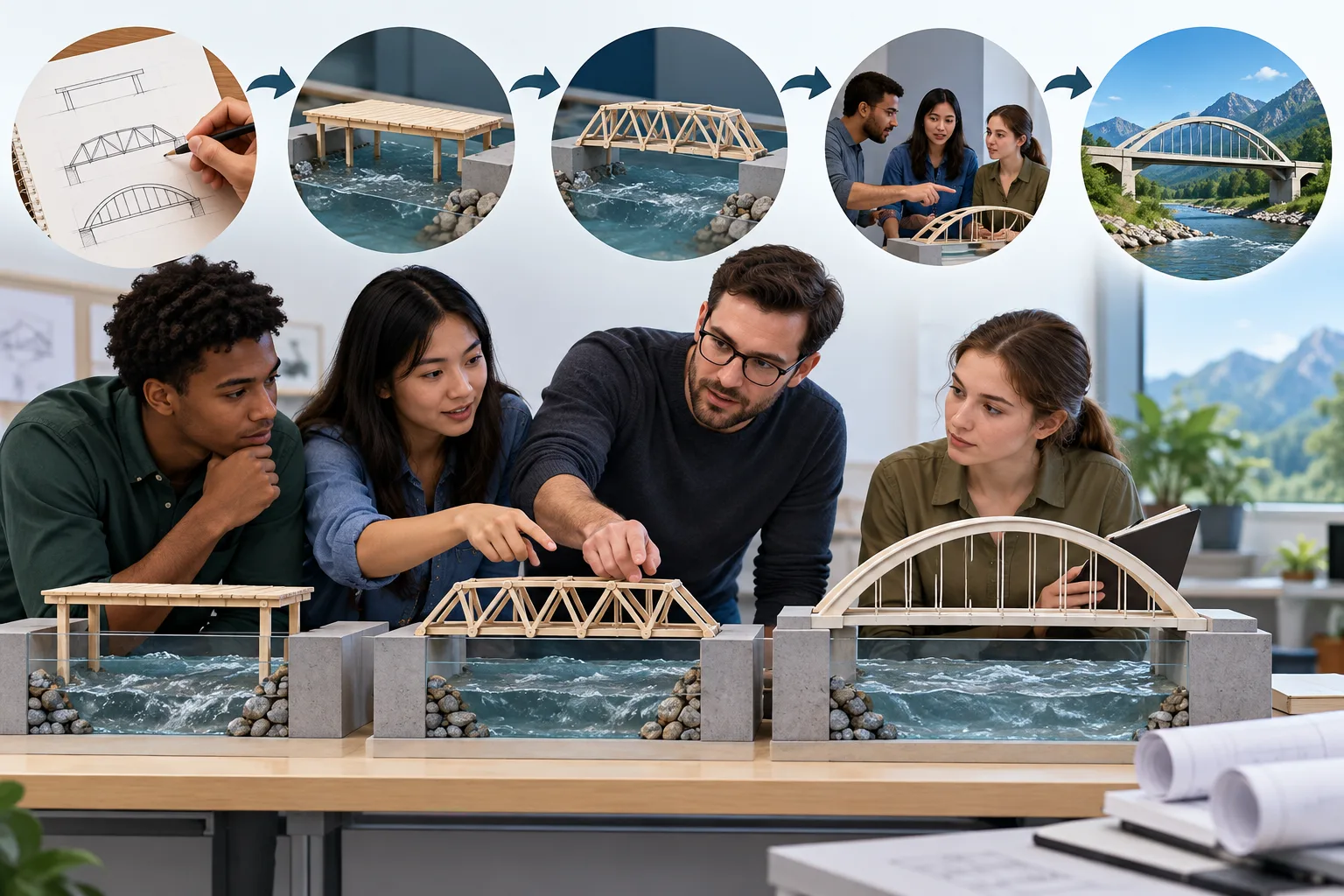 Civil engineering design shown through successive physical model revisions, testing, feedback, and an improved infrastructure concept.