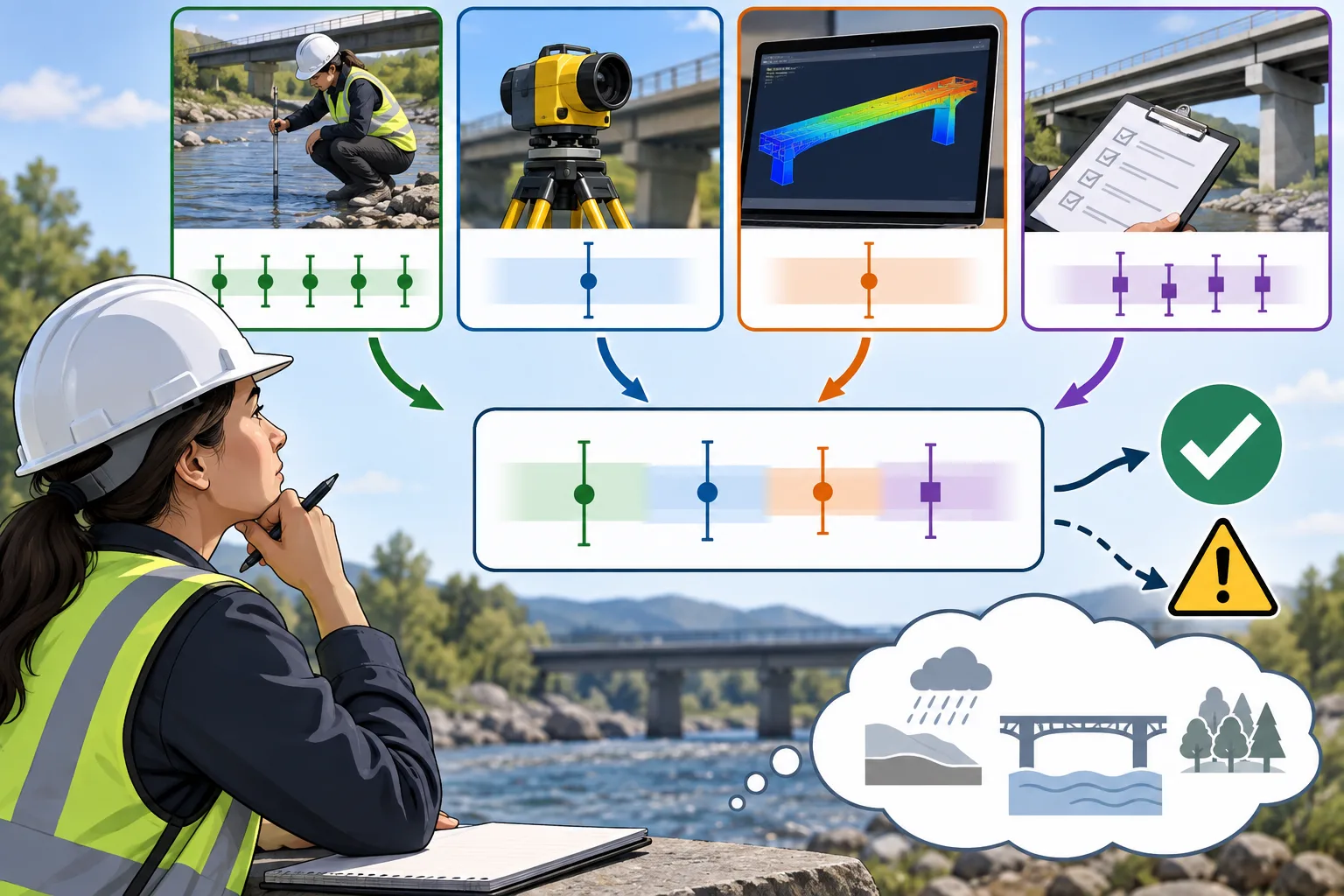 Engineer comparing field measurements, model predictions, repeated observations, and an independent verification check while accounting for uncertainty.