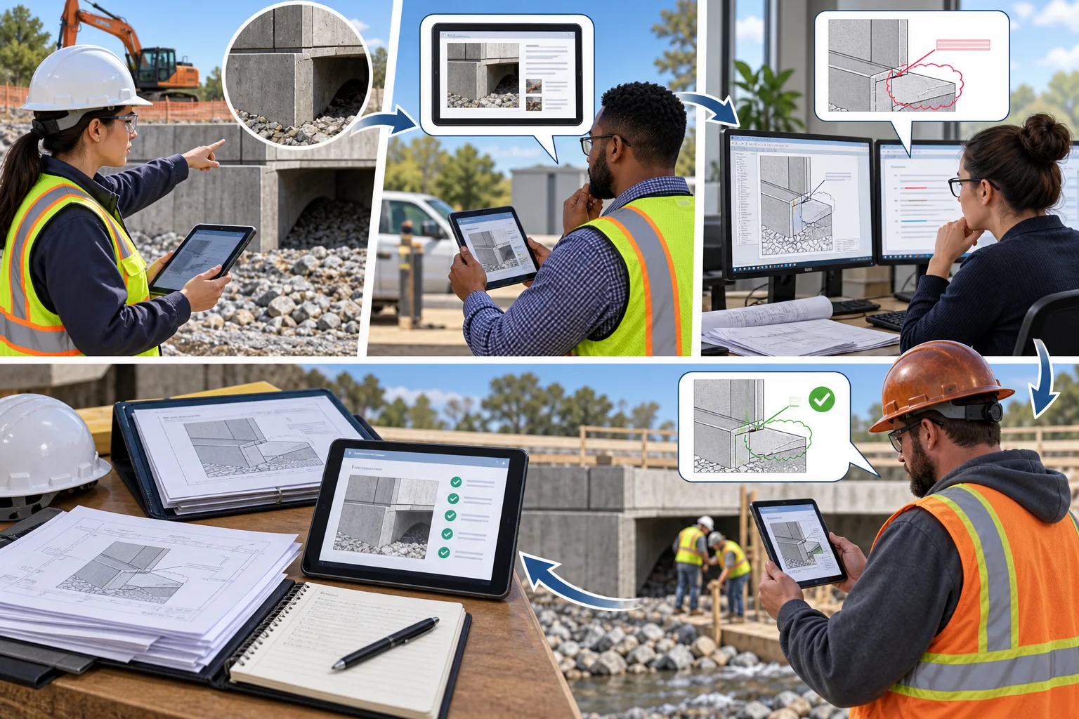 Project team coordinating a field question, technical submittal, designer review, and construction response around one infrastructure detail.