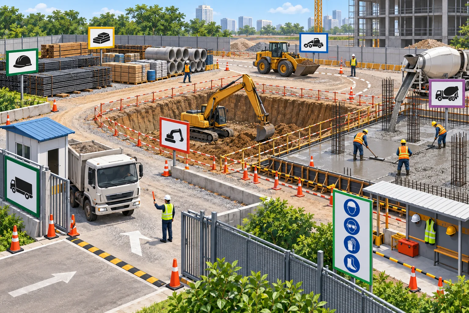 Organized construction site showing distinct access, storage, excavation, concrete, equipment movement, and safety zones.