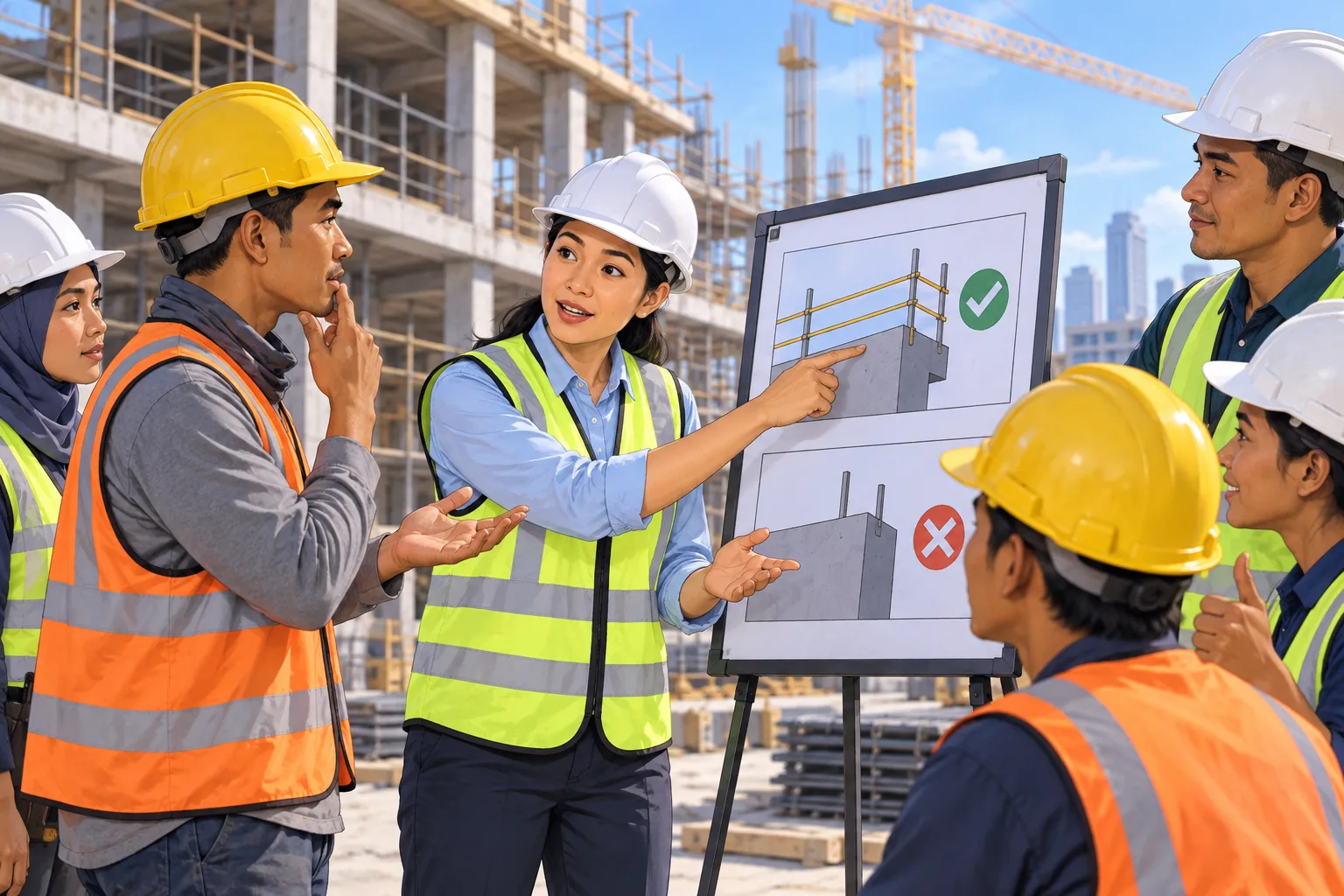Worker asks for clarification about a safety instruction while a supervisor demonstrates the requirement before work proceeds.